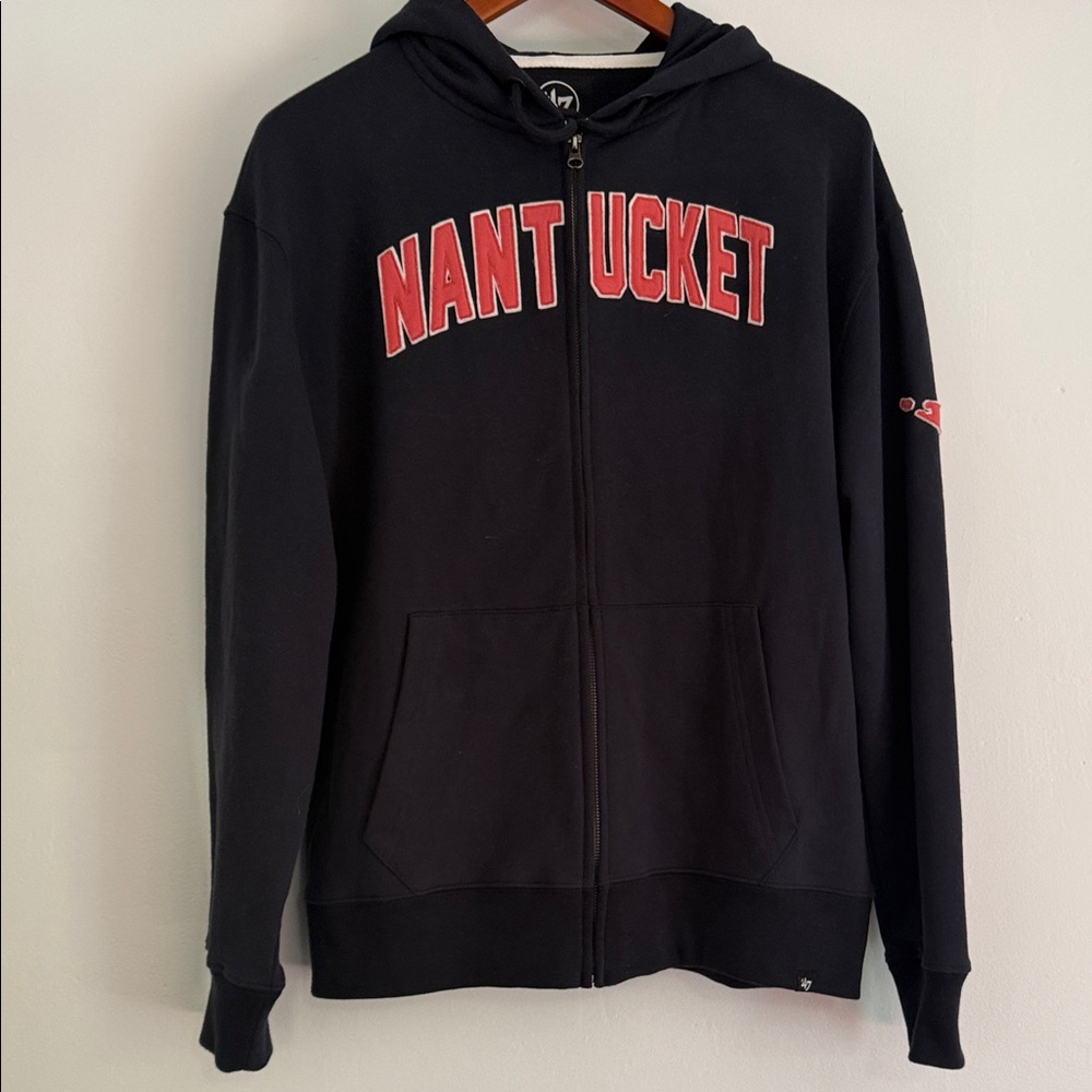 47 navy blue Zip-Up Hoodie with Nantucket Red Lettering. 100% cotton.